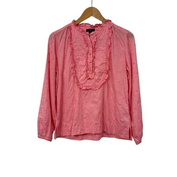 J. Crew Tops - J.Crew Womens Pink Embroidered Ruffle Bib Eyelet Blouse Size S Prairie Soft Girl
